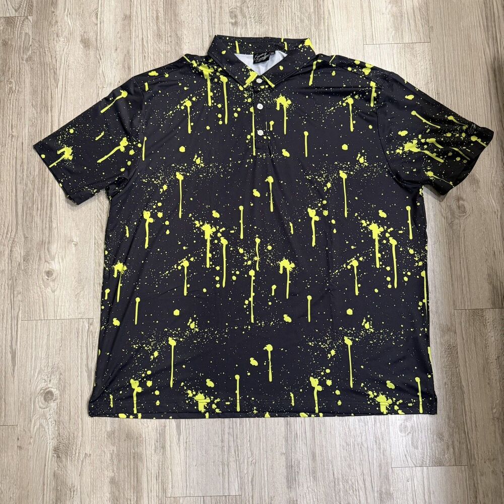 Sunday Swagger Men's 3XL Black And Neon Green Paint-Splatter Print Golf Polo